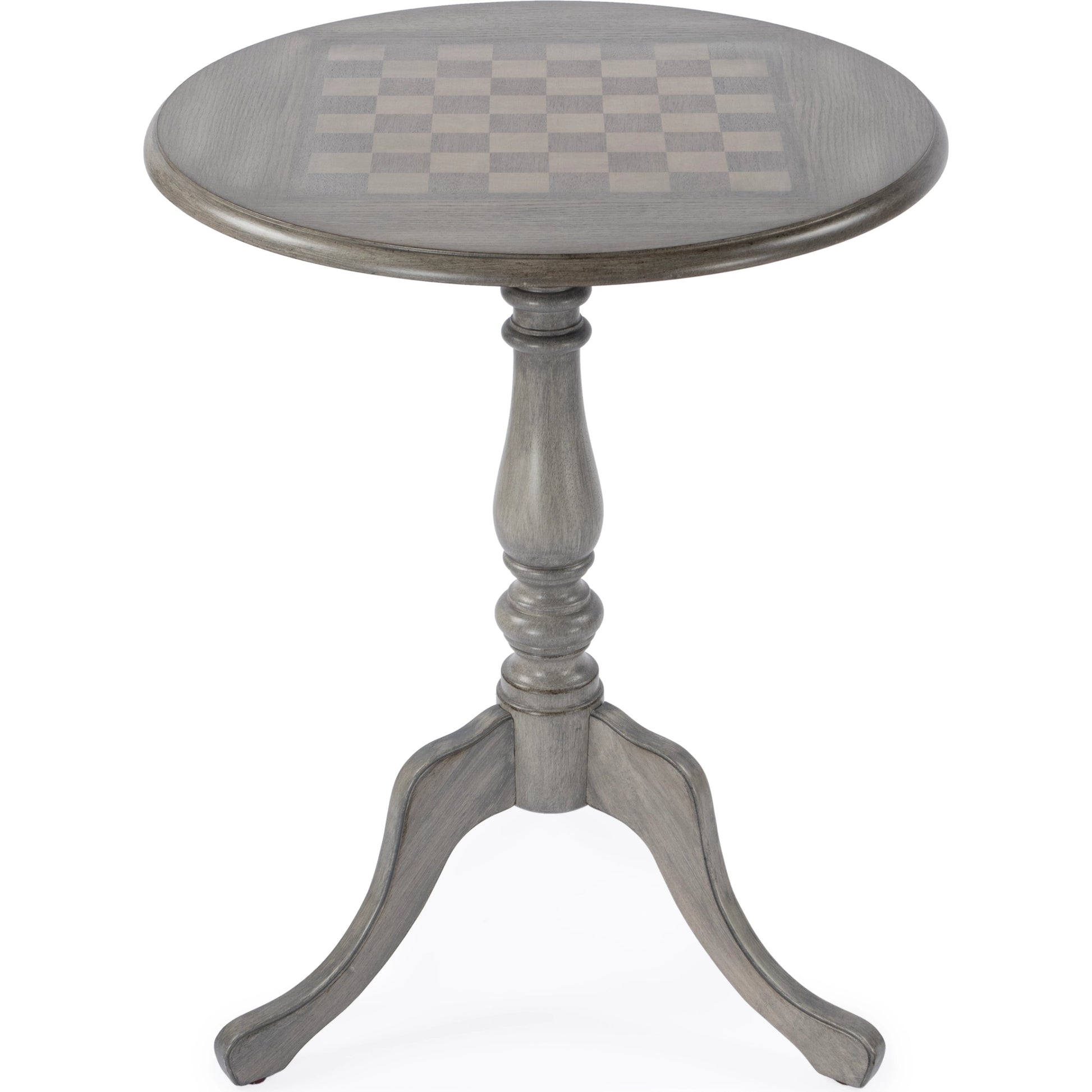 Colbert Pedestal Game Table by Butler Specialty Company in gray and powder gray. Made from rubberwood, cherry maple walnut veneer in a cottage & farmhouse style.