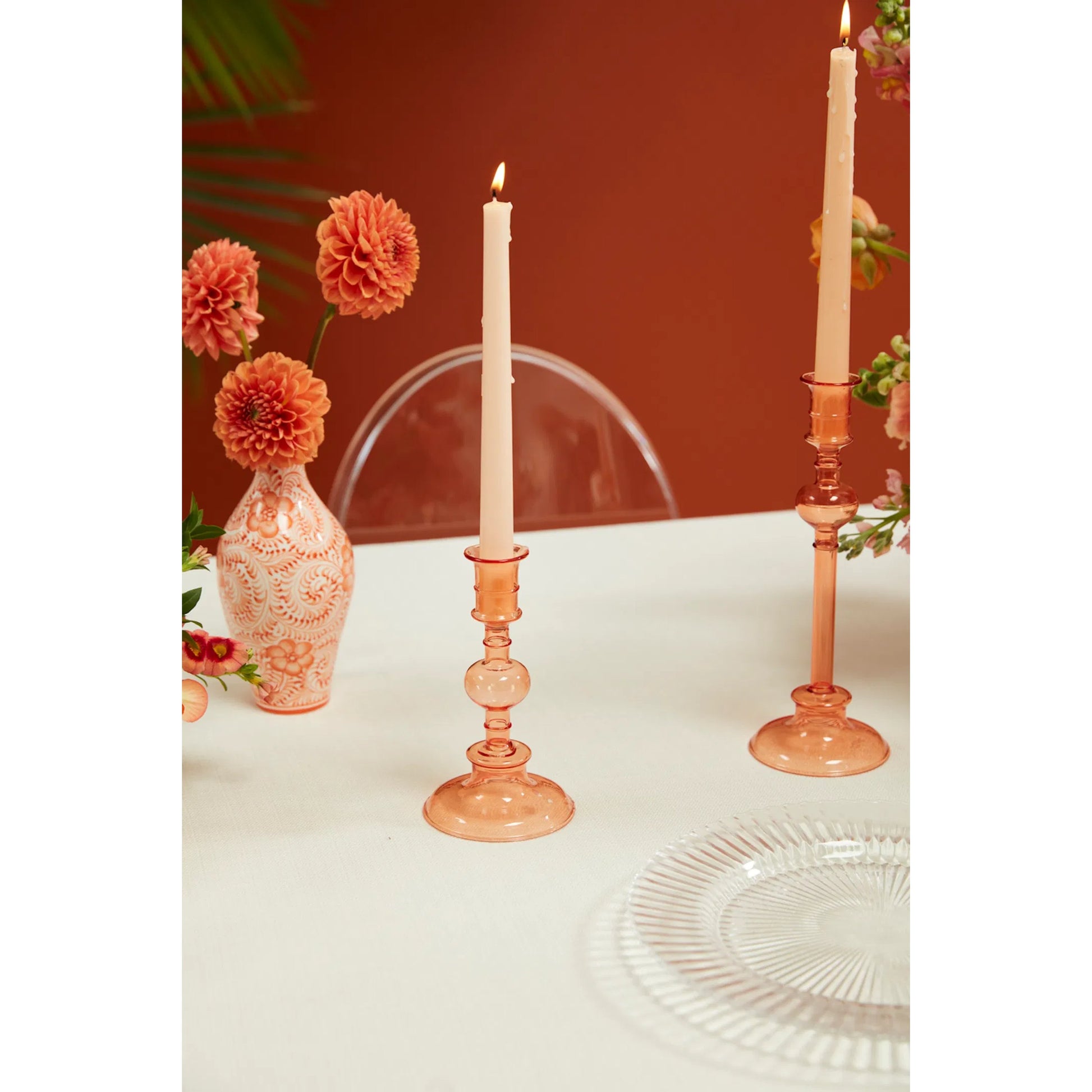 Maren Candlestick 2 (Set of 2) by Accent Decor in peach. Made from glass in a modern style.