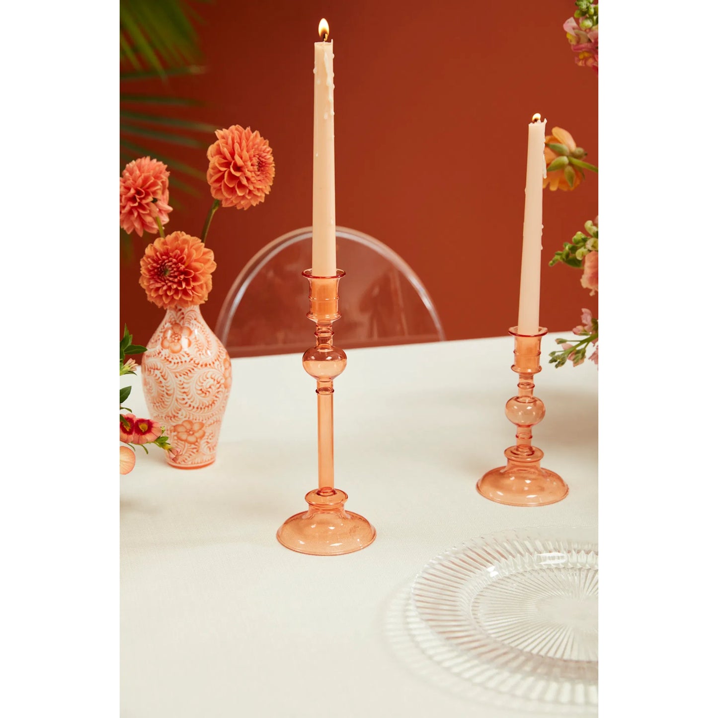 004 SI-2255347 | Lifestyle | Maren Candlestick 2 (Set of 2) by Accent Decor in peach. Made from glass in a modern style.