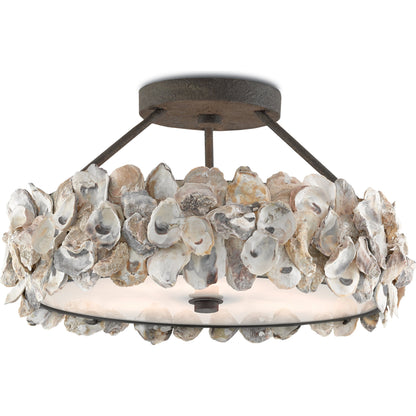 Oyster Semi-Flush by Currey and Company in textured bronze, natural, frosted glass. Made from wrought iron, oyster shell, glass in a coastal style.
