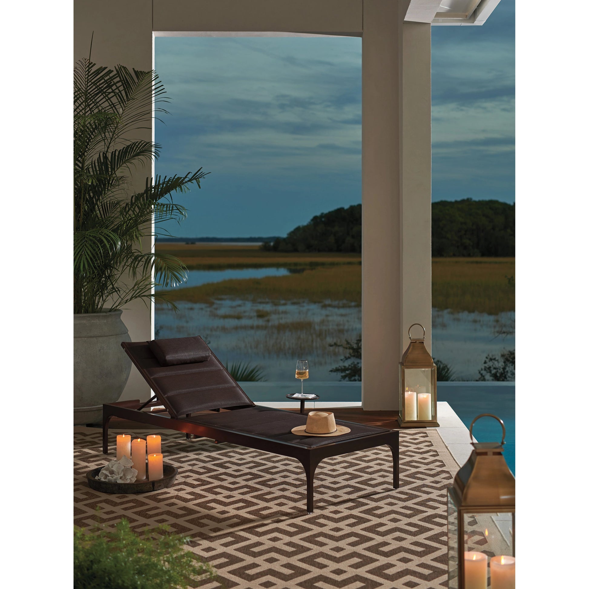 Abaco Chaise Lounge by Tommy Bahama Outdoor in dark mocha and english walnut. Made from unique in a transitional style.