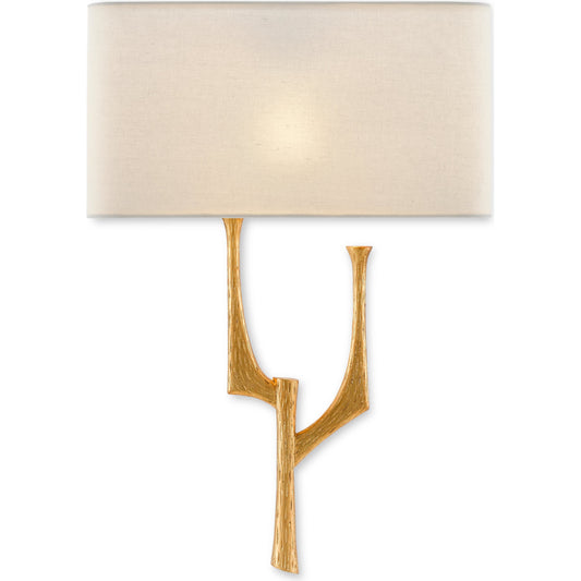 Bodnant Wall Sconce by Currey and Company in antique gold leaf. Made from wrought iron in a modern style.