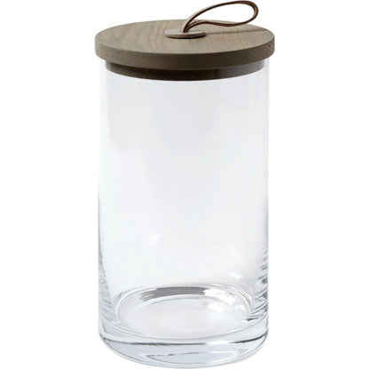 Rustic Canister by Global Views. Made from oak, glass, leather in a transitional style.