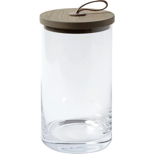 Rustic Canister by Global Views. Made from oak, glass, leather in a transitional style.