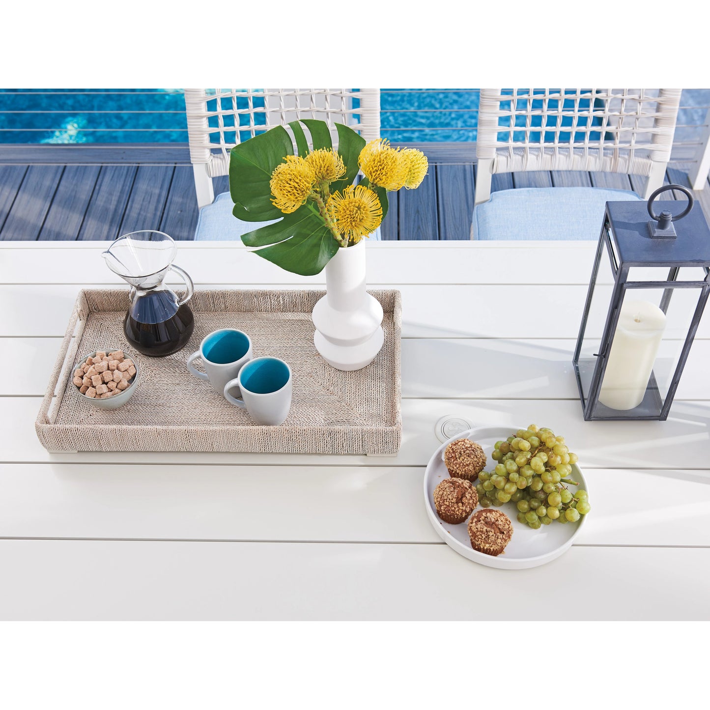 004 SI-1962949 | Closeup | Seabrook Dining Table by Tommy Bahama Outdoor in oyster white. Made from unique in a modern style.