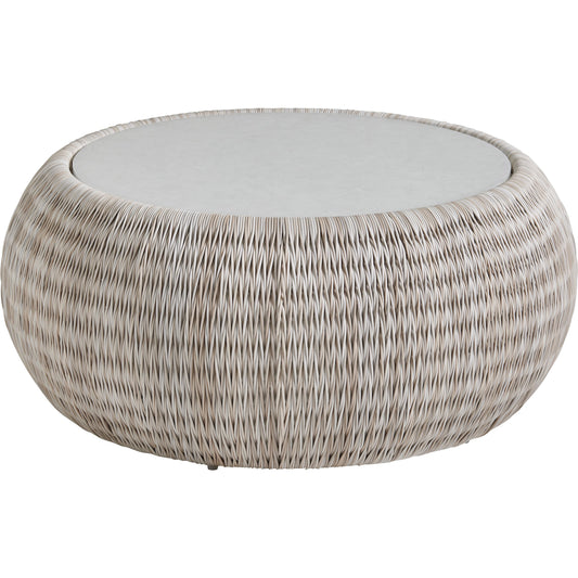 Seabrook Round Cocktail Table by Tommy Bahama Outdoor in oyster white. Made from unique in a coastal style.
