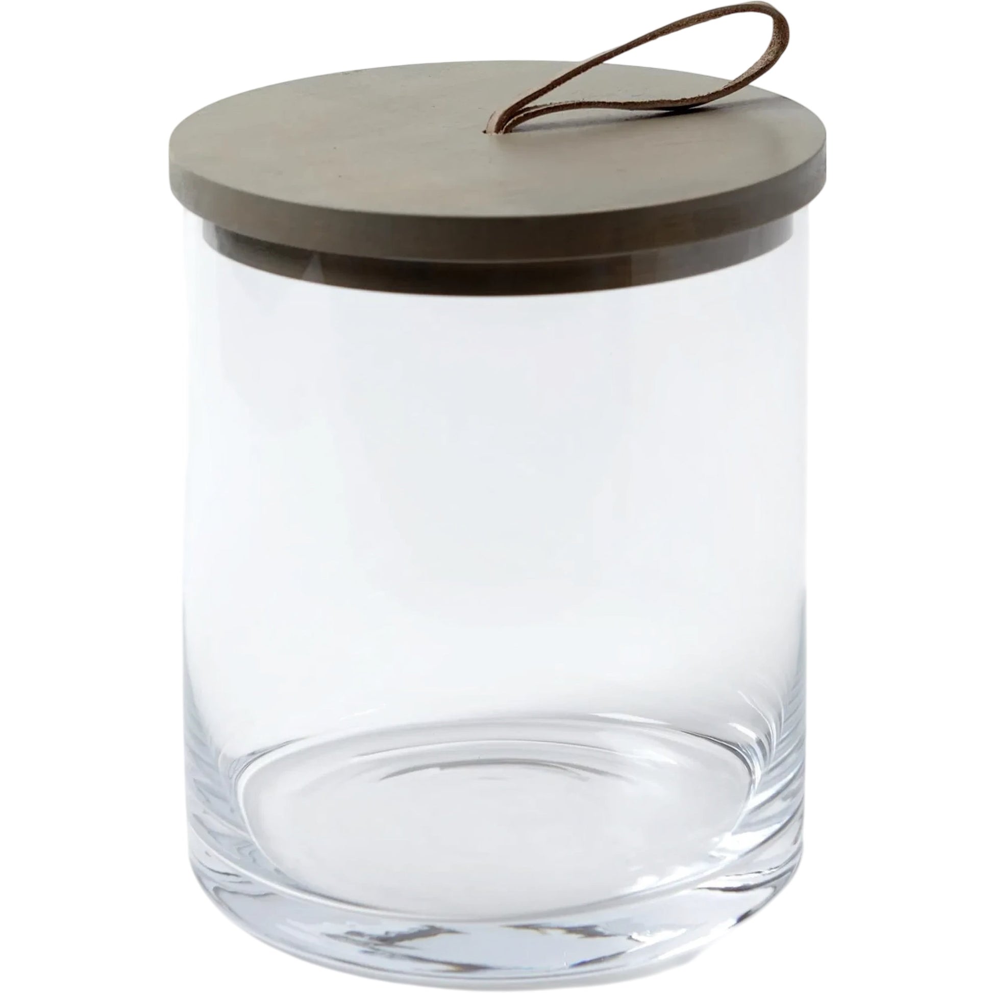 Rustic Canister by Global Views. Made from oak, glass, leather in a transitional style.