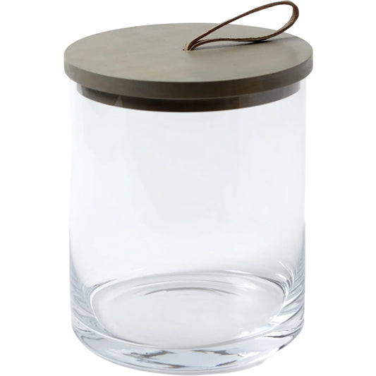 Rustic Canister by Global Views. Made from oak, glass, leather in a transitional style.