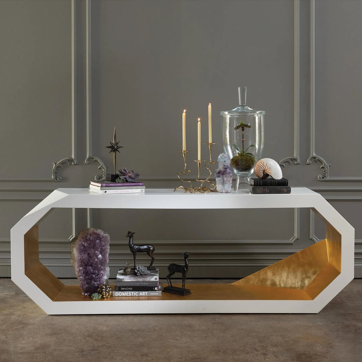 009 SR-701174 | Additional Silo | Facet Console by Global Views in gold leaf, polyurethane lacquer inner wood, ivory, polyurethane lacquer outer wood. Made from mdf, pine in a modern style.