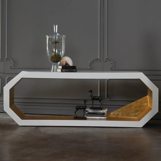 Facet Console by Global Views in gold leaf, polyurethane lacquer inner wood, ivory, polyurethane lacquer outer wood. Made from mdf, pine in a modern style.