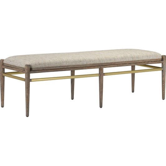 Visby Calcutta Bench by Currey and Company in light pepper, brushed brass. Made from oak, brass, f0223 calcutta linen in a transitional style.