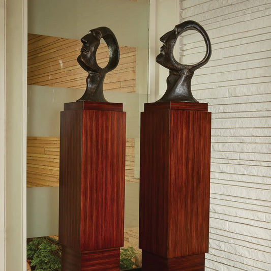 Single Skyscraper Pedestal by Global Views in dark walnut stain, zebra. Made from birch, mdf in a modern style.