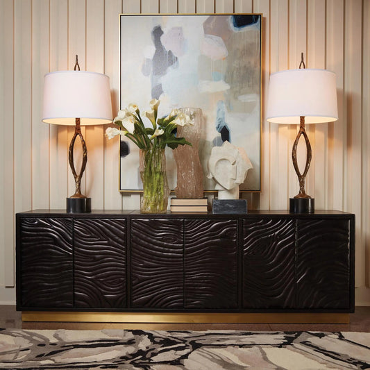 Forest Long Cabinet by Global Views in satin antique gold. Made from mdf, brass, hand stained leather, polyester suede in a modern style.