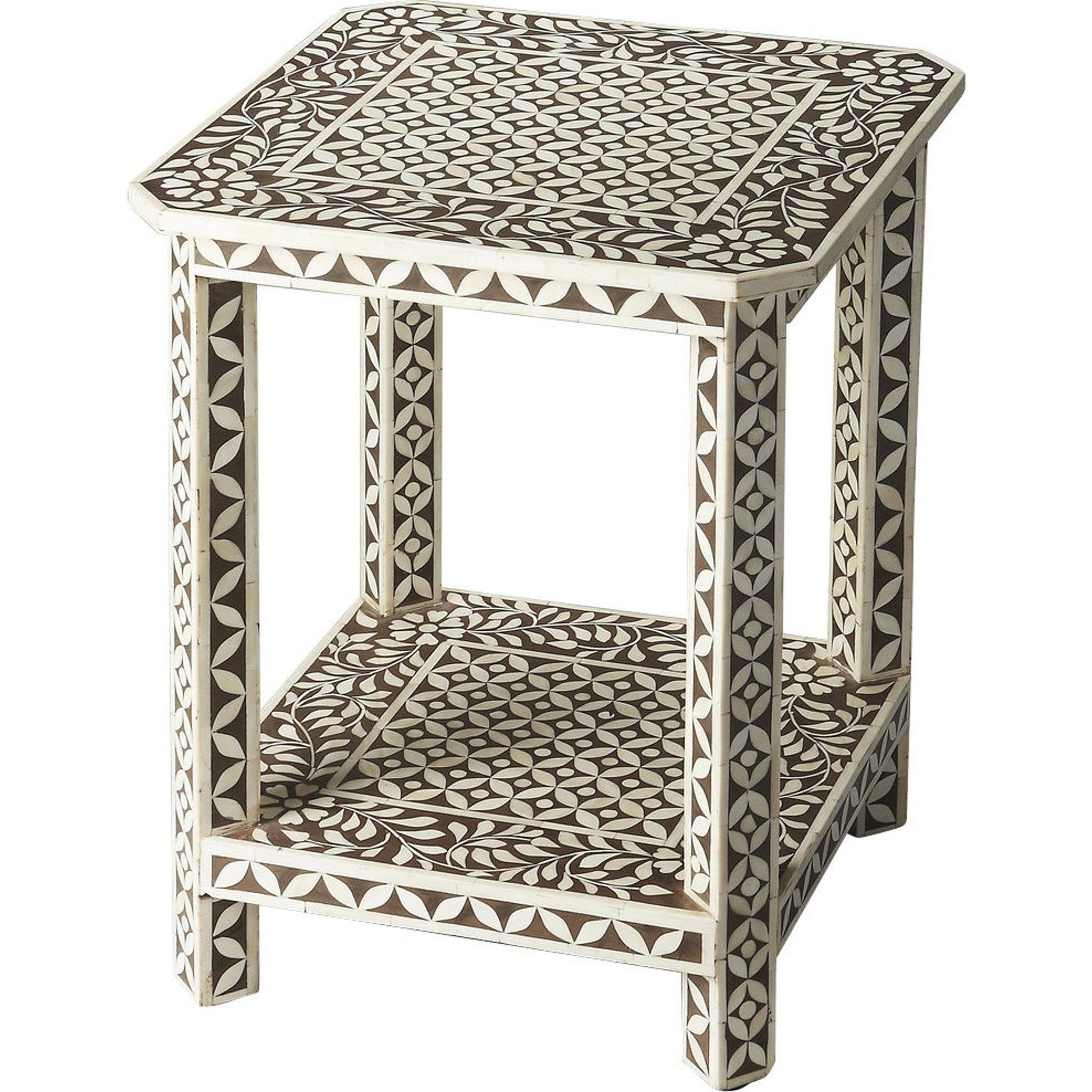 Bone Inlay Side Table by Butler Specialty Company in light brown and brown bone inlay. Made from select wood solids, mdf, resin, bone inlay in a modern style.