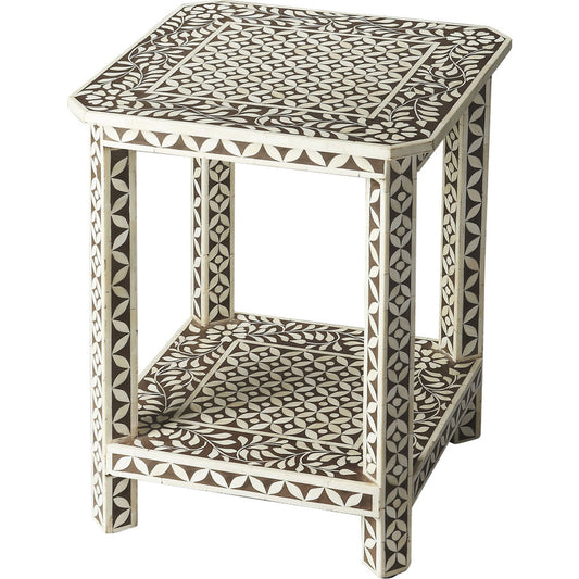 Bone Inlay Side Table by Butler Specialty Company in light brown and brown bone inlay. Made from select wood solids, mdf, resin, bone inlay in a modern style.