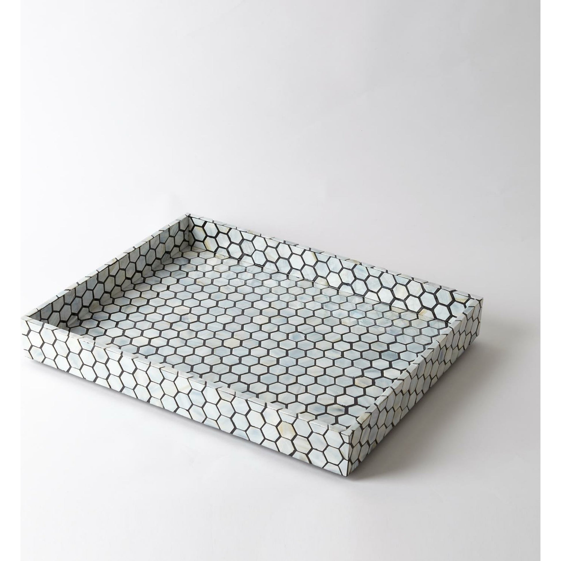 Mother of Pearl Tray by Global Views. Made from mdf, plywood, mother of pearl in a coastal style.