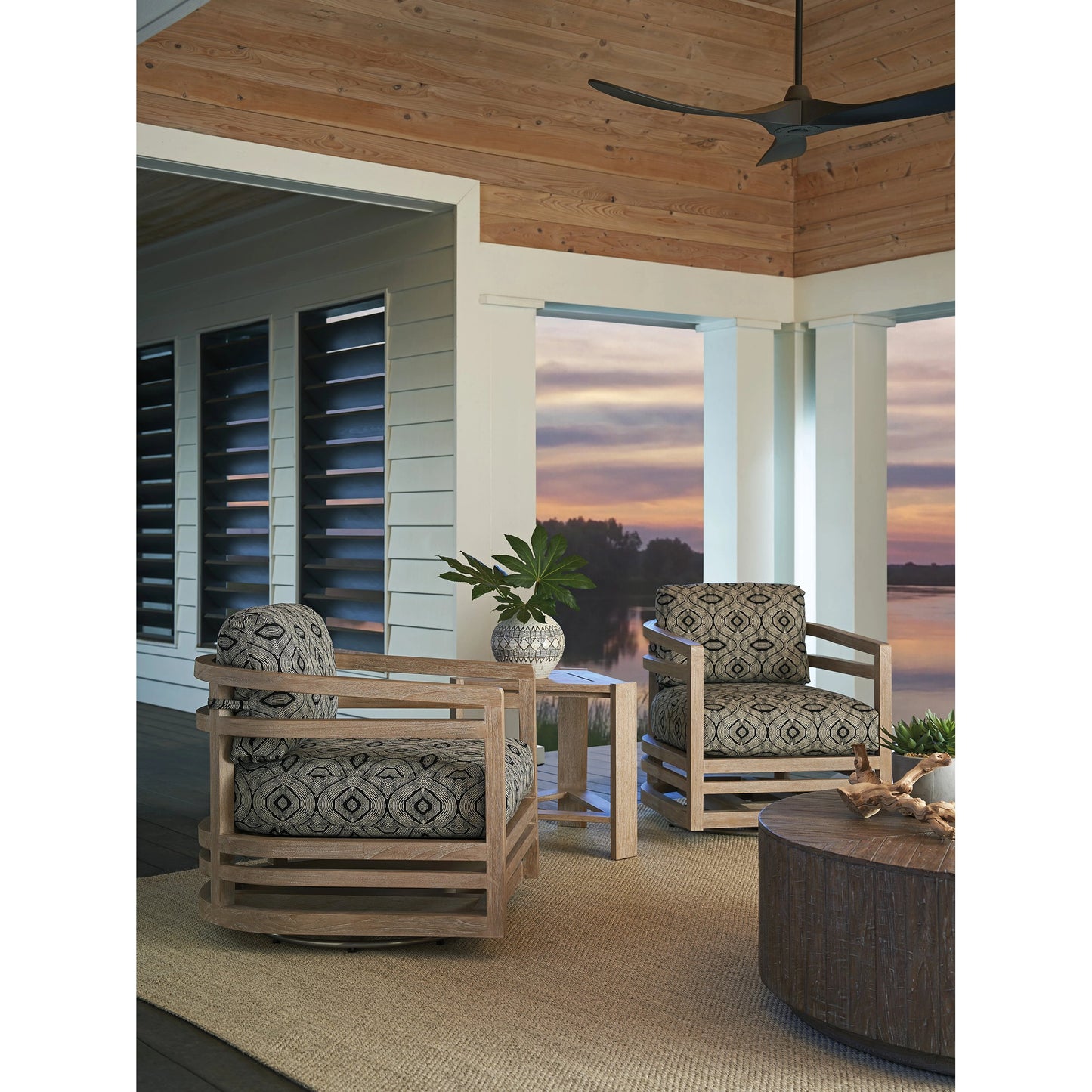 003 SI-2013289 | Lifestyle | Stillwater Cove Pattern Swivel Lounge Chair by Tommy Bahama Outdoor in light taupe, ivory cerusing. Made from unique in a modern style.