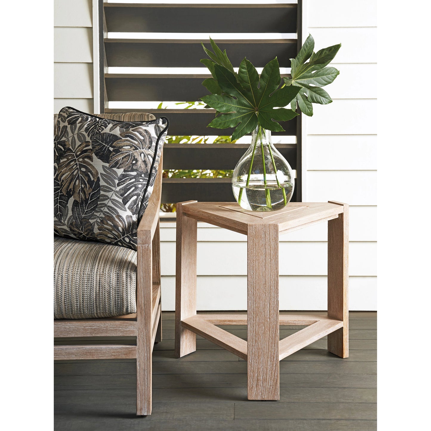 004 SI-2013307 | Lifestyle | Stillwater Cove Triangular End Table by Tommy Bahama Outdoor in light taupe, ivory cerusing. Made from unique in a modern style.