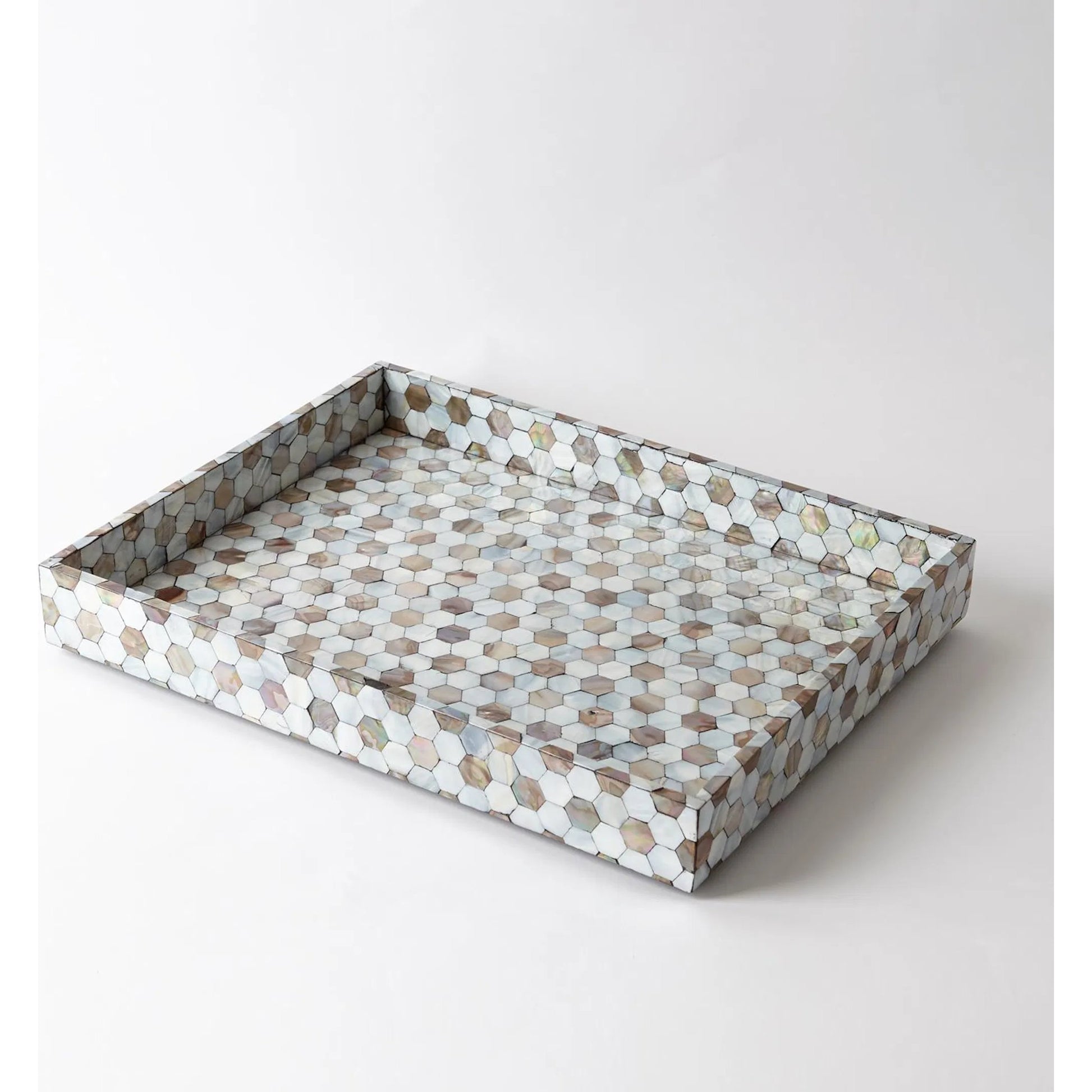 Mother of Pearl Tray by Global Views. Made from mdf, plywood, mother of pearl in a coastal style.