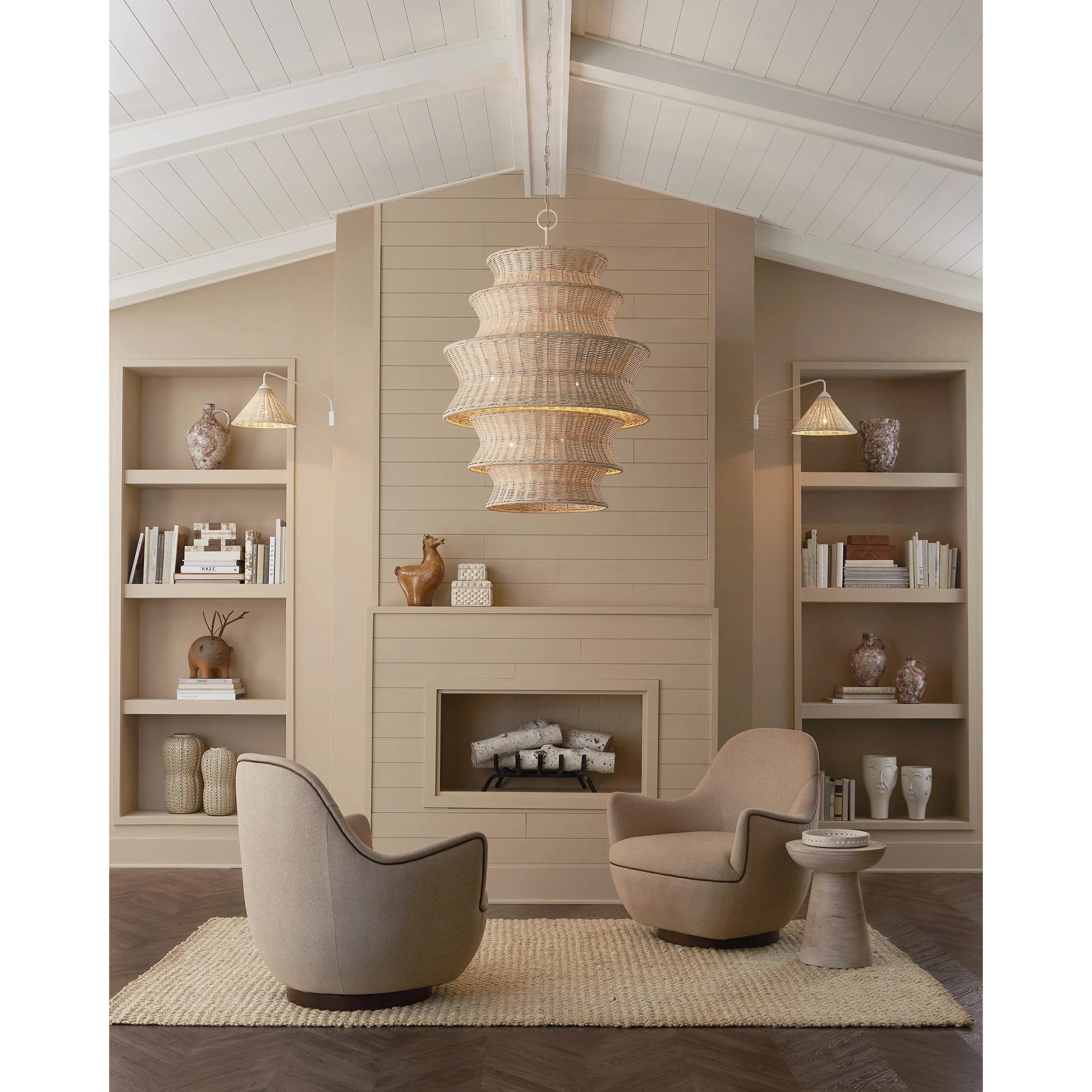 Phebe Rattan Chandelier by Currey and Company in bleached natural, vanilla. Made from rattan, wrought iron in a cottage & farmhouse style.