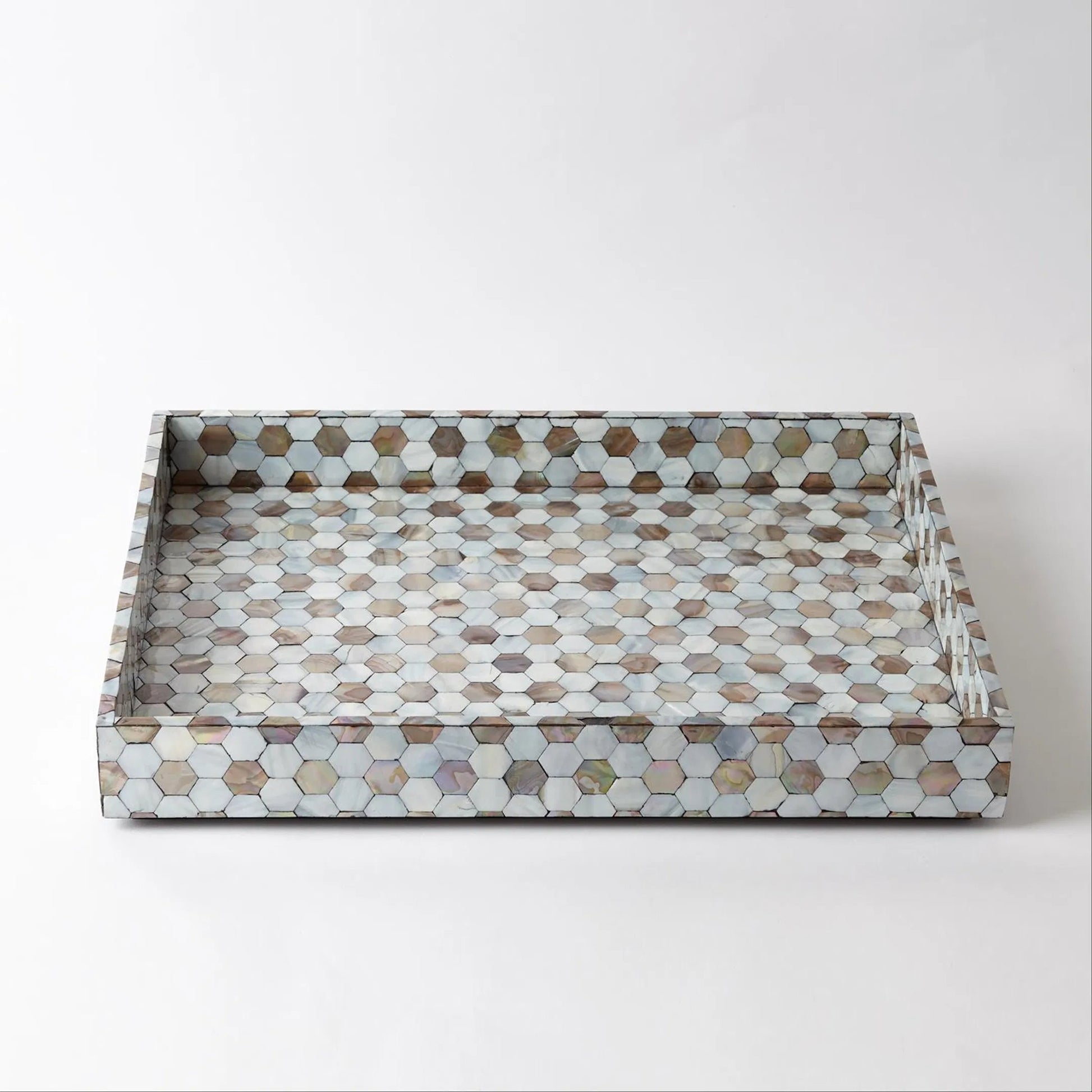 Mother of Pearl Tray by Global Views. Made from mdf, plywood, mother of pearl in a coastal style.