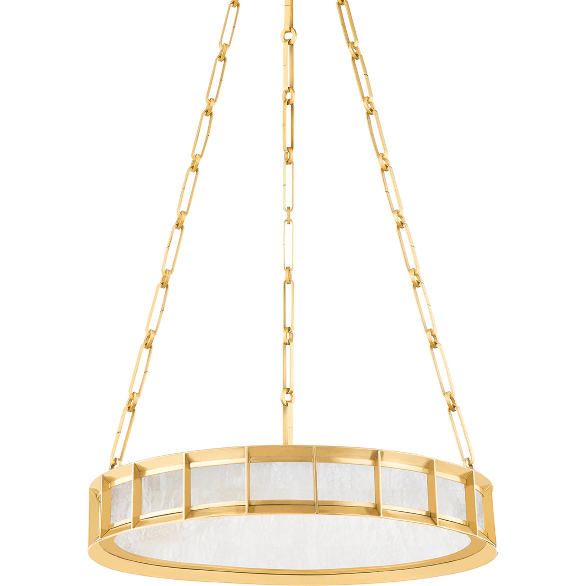 Leda Chandelier by Corbett in vintage brass. Made from brass in a modern style.