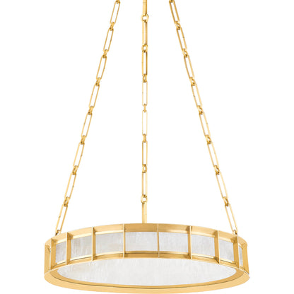Leda Chandelier by Corbett in vintage brass. Made from brass in a modern style.