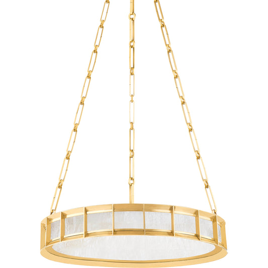 Leda Chandelier by Corbett in vintage brass. Made from brass in a modern style.