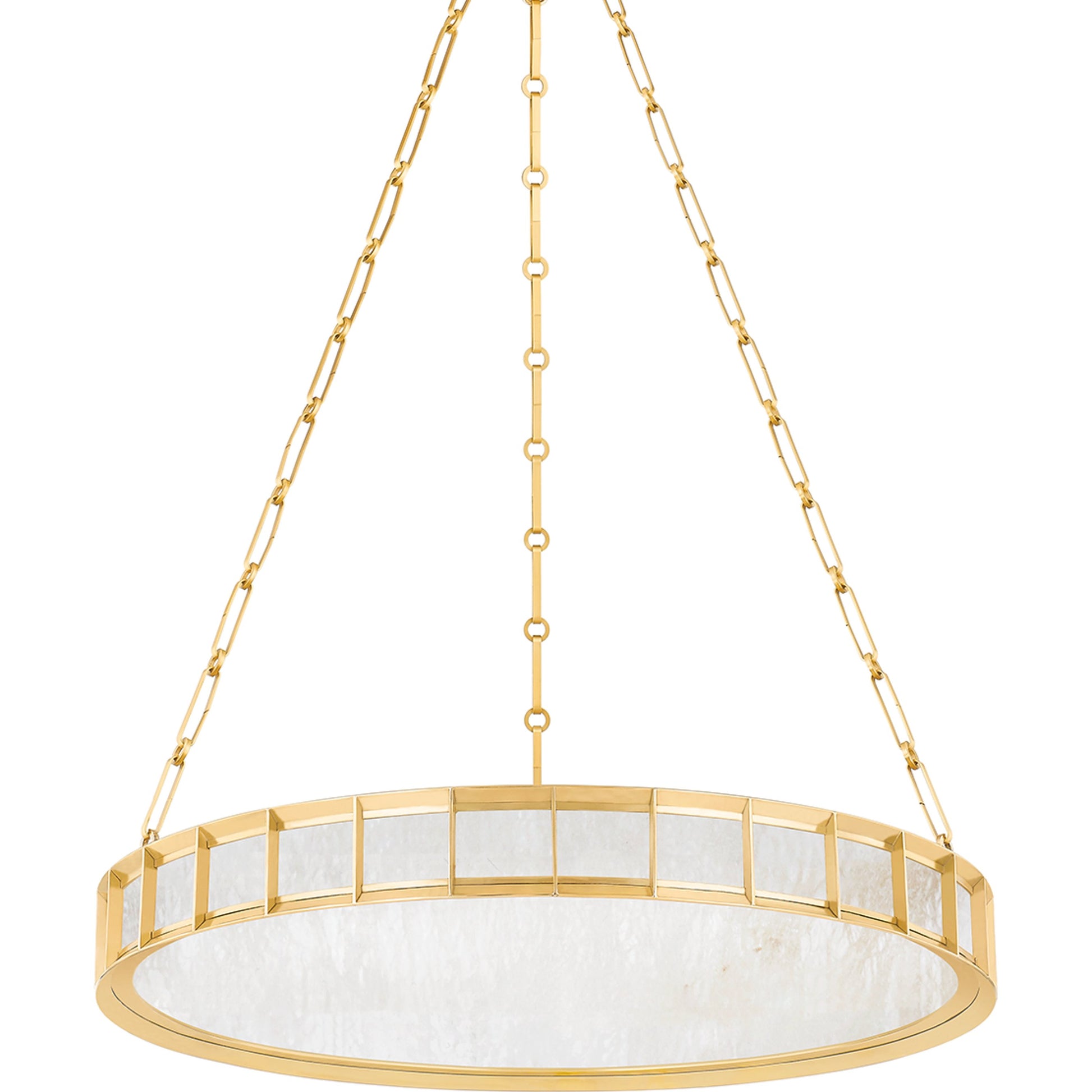 Leda Chandelier by Corbett in vintage brass. Made from brass in a modern style.