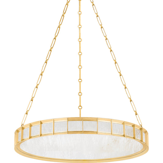 Leda Chandelier by Corbett in vintage brass. Made from brass in a modern style.