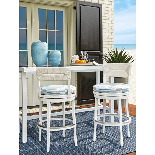 Ocean Breeze Promenade Swivel Bar Stool by Tommy Bahama Outdoor in pearl white. Made from unique in a coastal style.