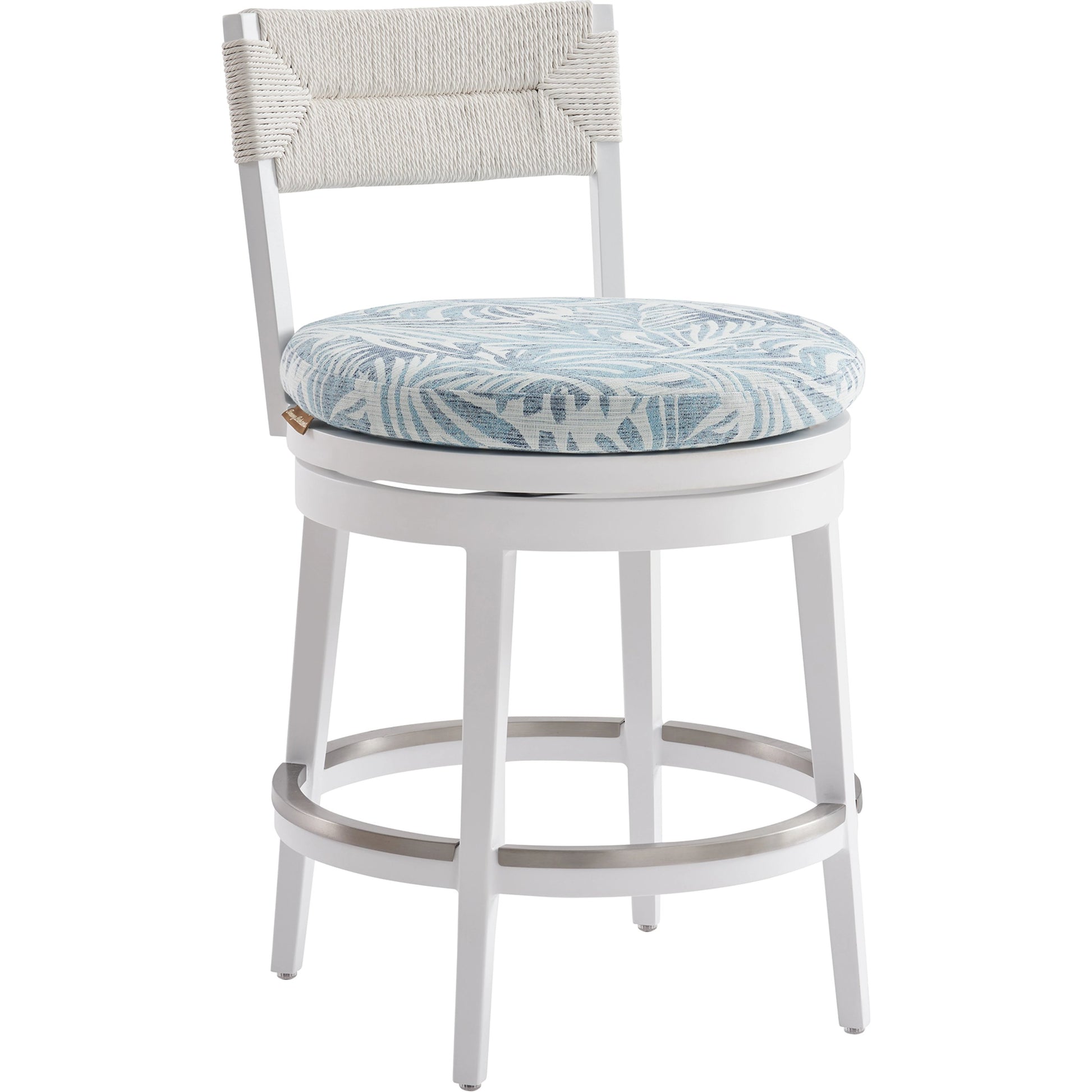 Ocean Breeze Promenade Swivel Counter Stool by Tommy Bahama Outdoor in pearl white. Made from unique in a coastal style.