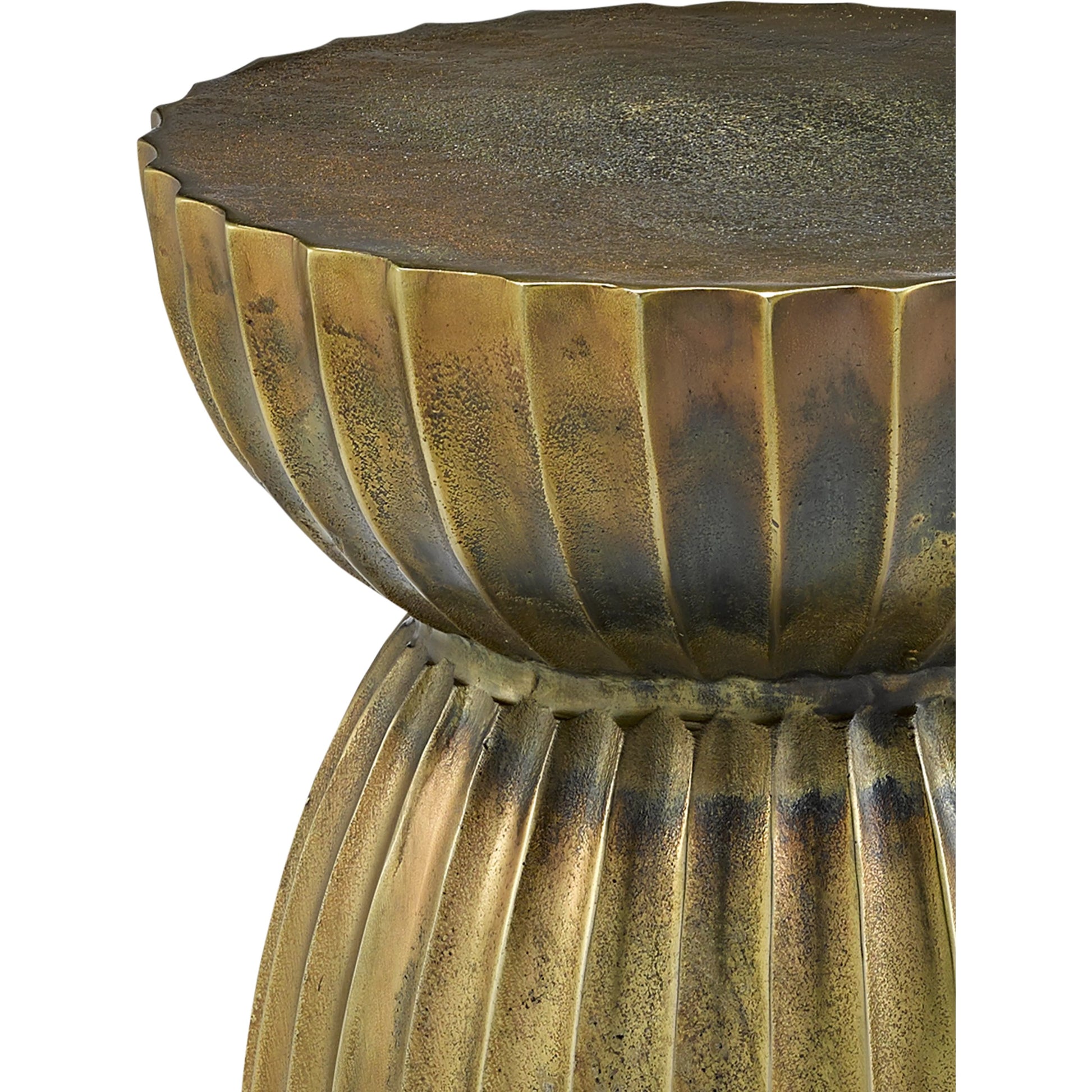Rasi Table/Stool by Currey and Company in antique brass. Made from cast aluminum in a modern style.
