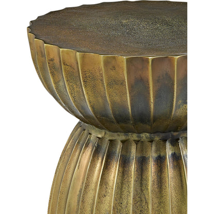 Rasi Table/Stool by Currey and Company in antique brass. Made from cast aluminum in a modern style.