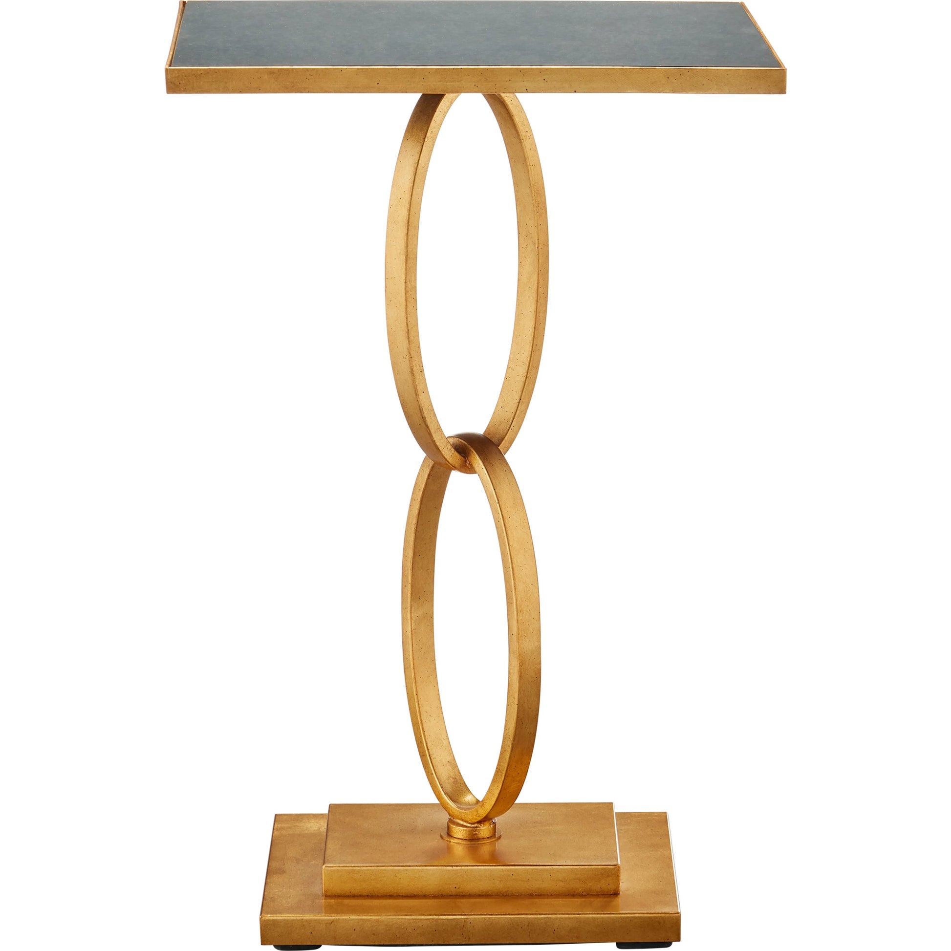 Bangle Accent Table by Currey and Company in gold leaf. Made from iron, glass in a modern style.