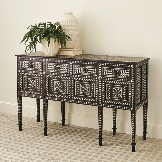 Bhawana Sideboard by Global Views in dark brown. Made from mdf, teak, mother of pearl inlay in a eclectic & global style.