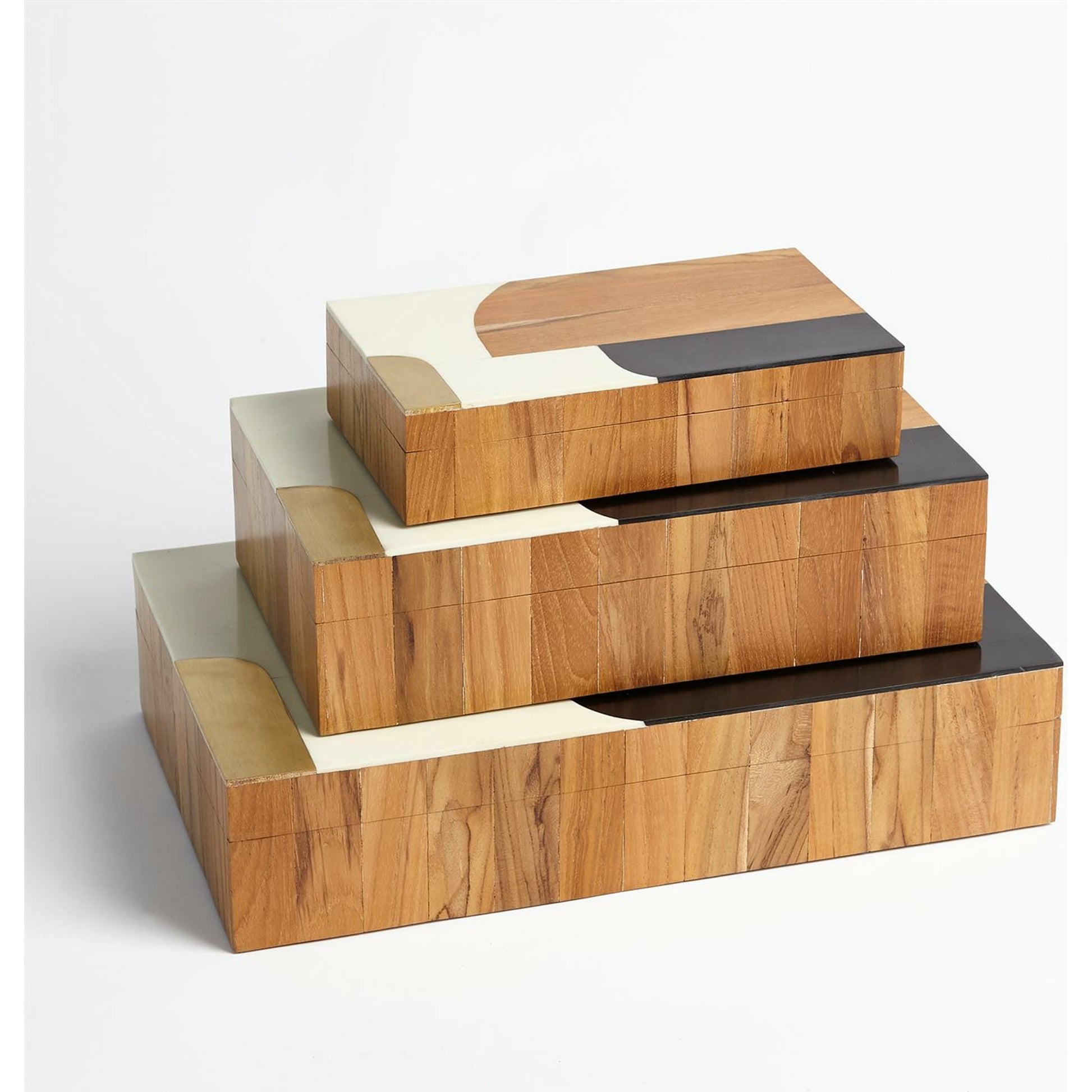 Wooden Inlaid Box by Global Views in black, ivory. Made from mdf, teak, brass, resin in a modern style.