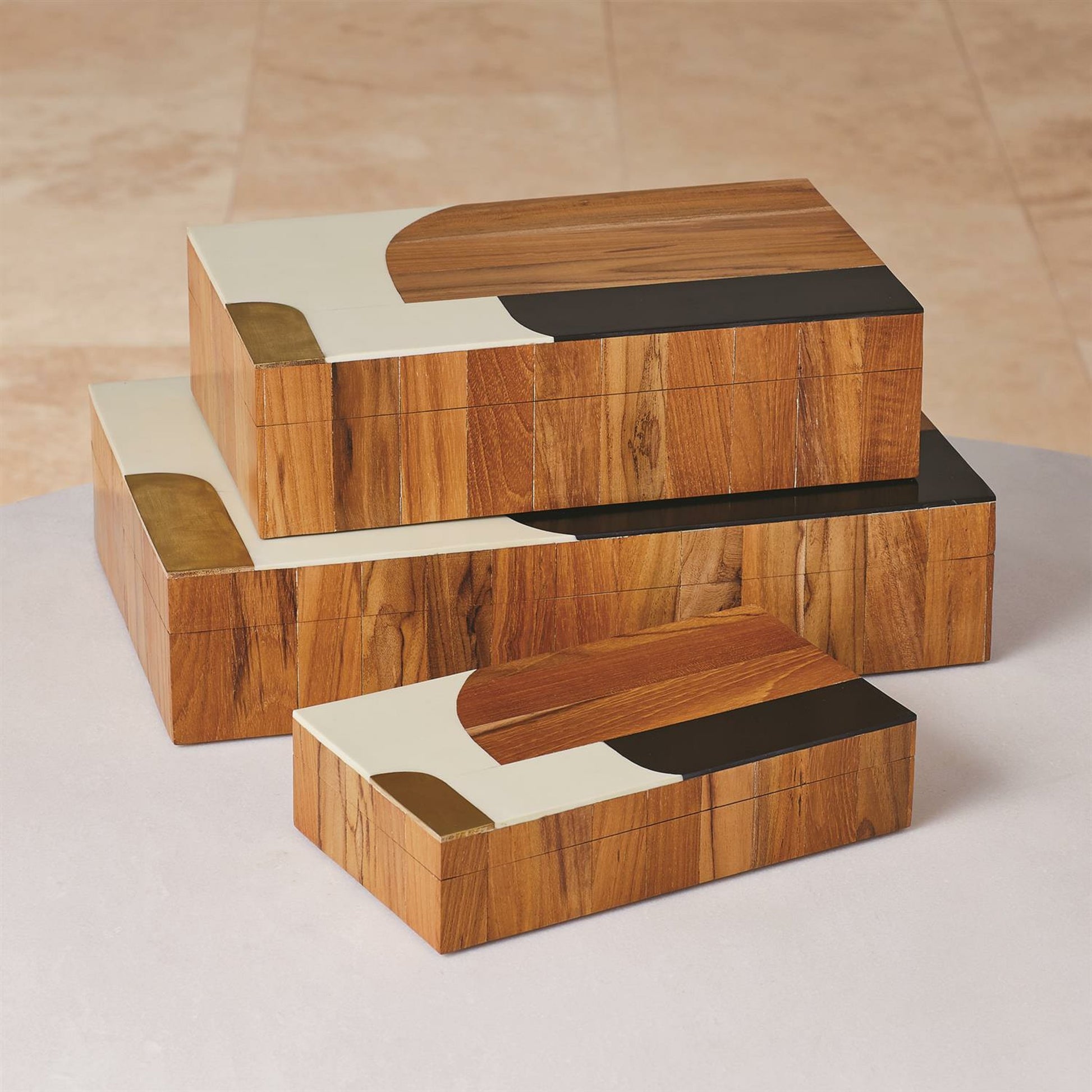 Wooden Inlaid Box by Global Views in black, ivory. Made from mdf, teak, brass, resin in a modern style.