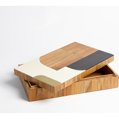Wooden Inlaid Box by Global Views in black, ivory. Made from mdf, teak, brass, resin in a modern style.