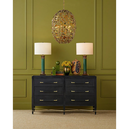Verona Six-Drawer Chest by Currey and Company in black, natural, champagne, silver. Made from lacquered linen, mahogany, engineered wood, metal, faux velvet in a unique style.