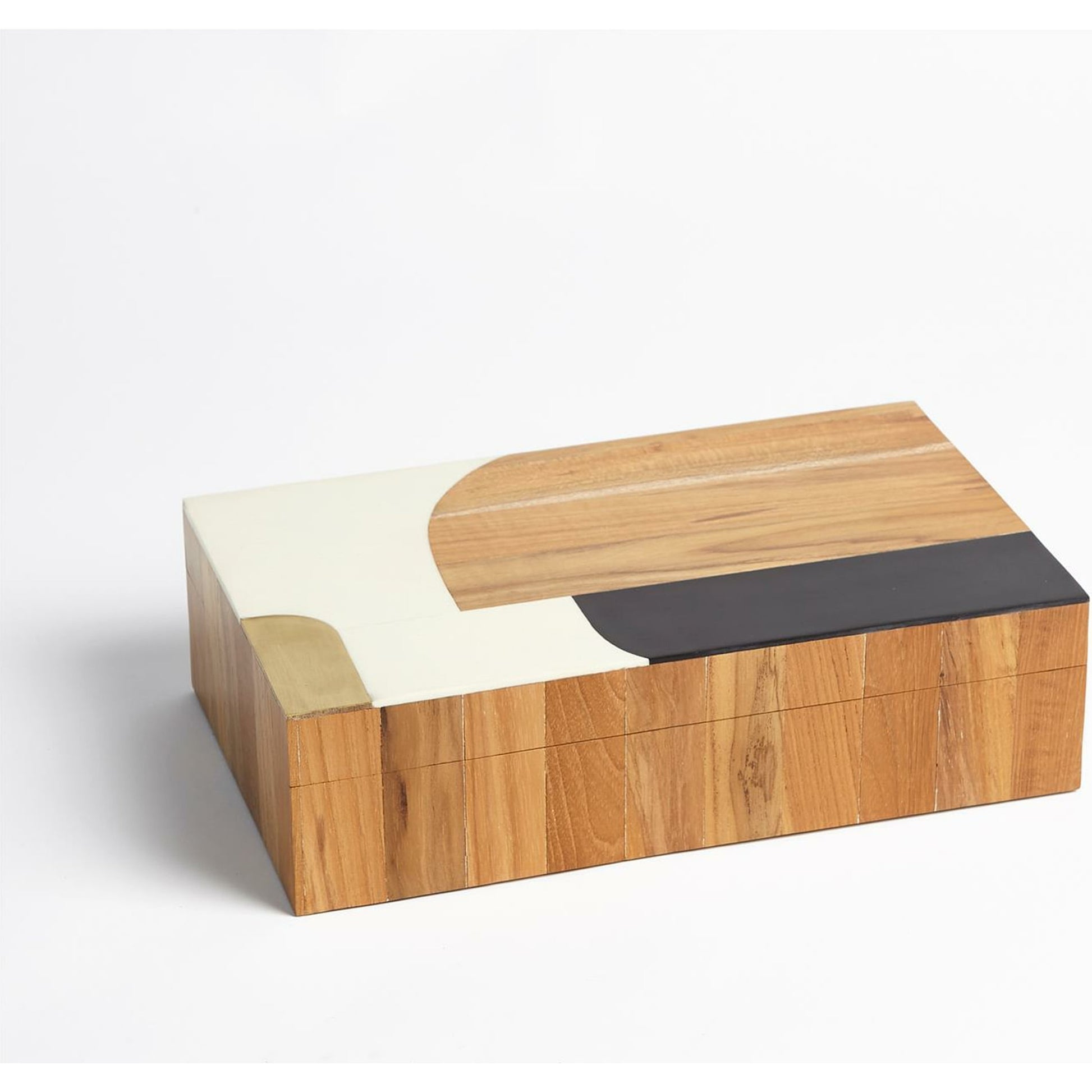 Wooden Inlaid Box by Global Views in black, ivory. Made from mdf, teak, brass, resin in a modern style.