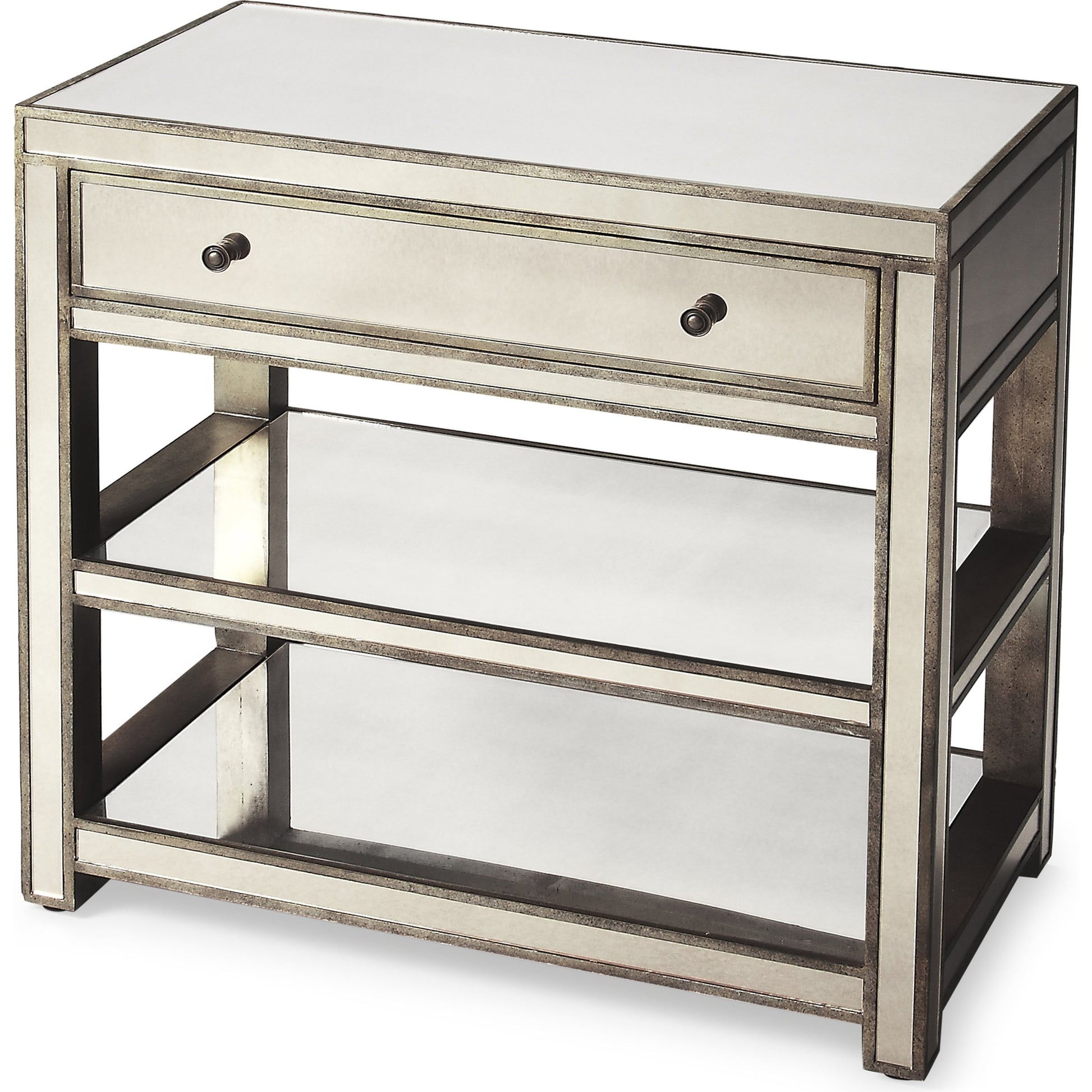 Miranda Mirrored Console Table by Butler Specialty Company in silver and mirror. Made from poplar solids, mdf in a modern style.