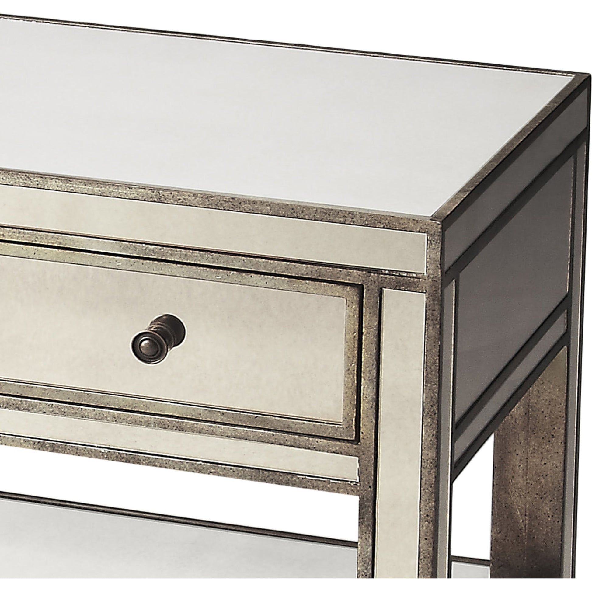 Miranda Mirrored Console Table by Butler Specialty Company in silver and mirror. Made from poplar solids, mdf in a modern style.