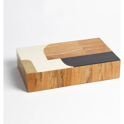 Wooden Inlaid Box by Global Views in black, ivory. Made from mdf, teak, brass, resin in a modern style.