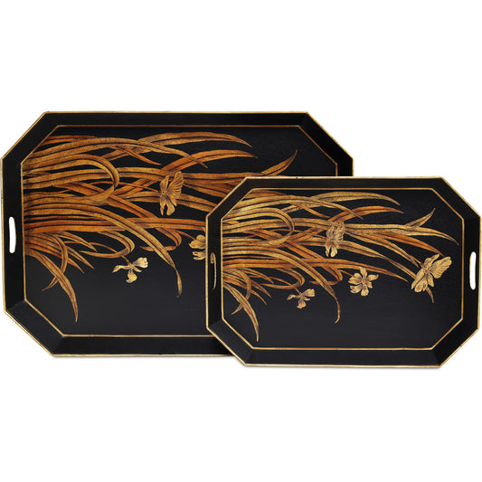 Glasshouse Tole Tray Set by Currey and Company in black, gold. Made from metal in a traditional style.