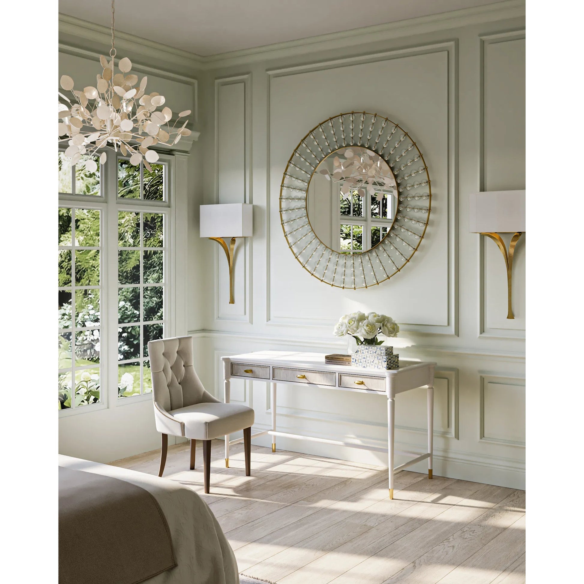 Calais Mirror by Currey and Company in gold leaf, mirror. Made from iron, recycled glass, glass in a modern style.