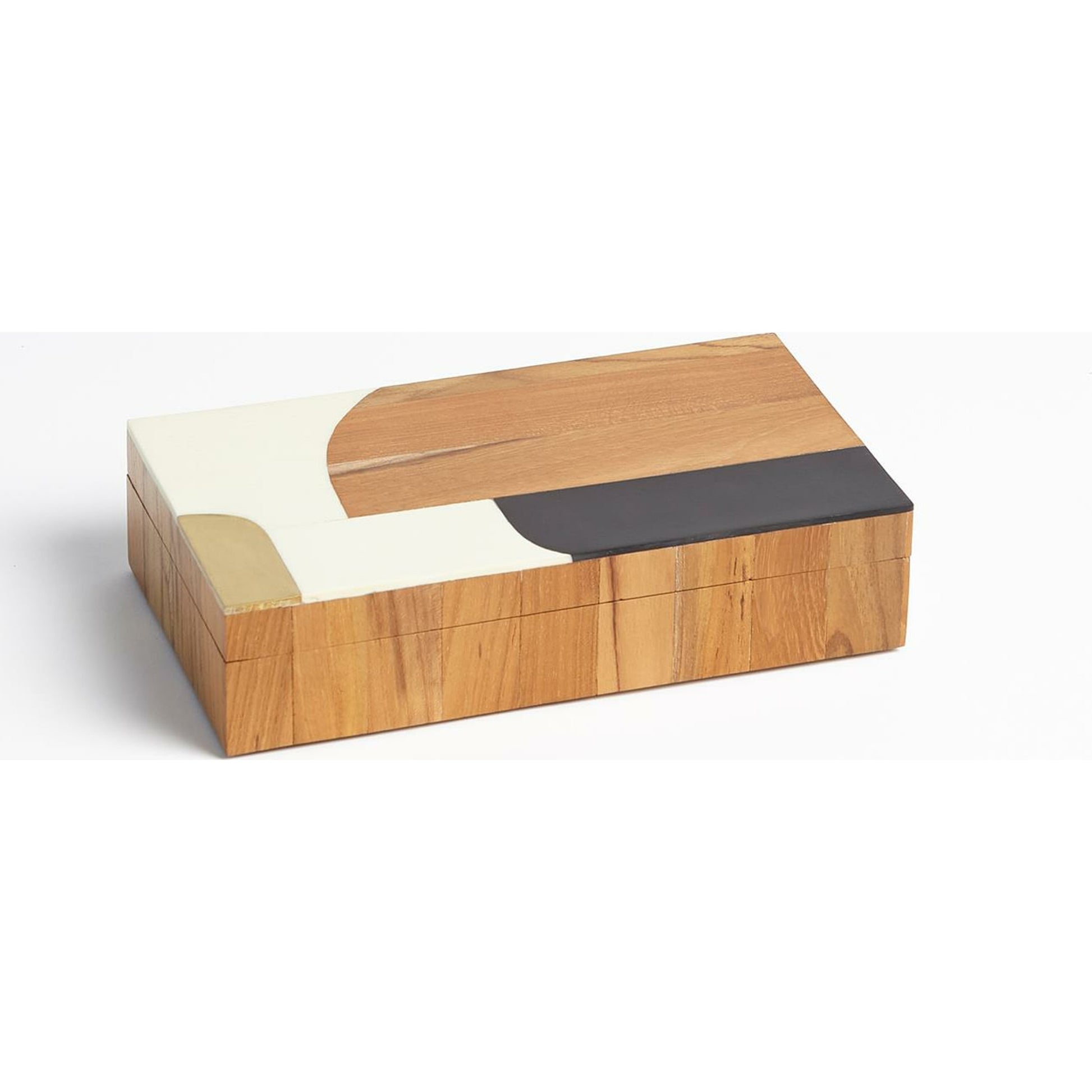 Wooden Inlaid Box by Global Views in black, ivory. Made from mdf, teak, brass, resin in a modern style.