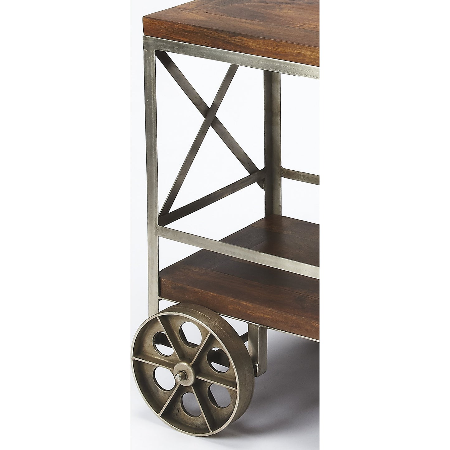 003 O-BUTLER-3541330 | Closeup | Industrial Chic Trolley Server by Butler Specialty Company in multi-color and industrial chic. Made from iron, mango wood solids in a modern style.