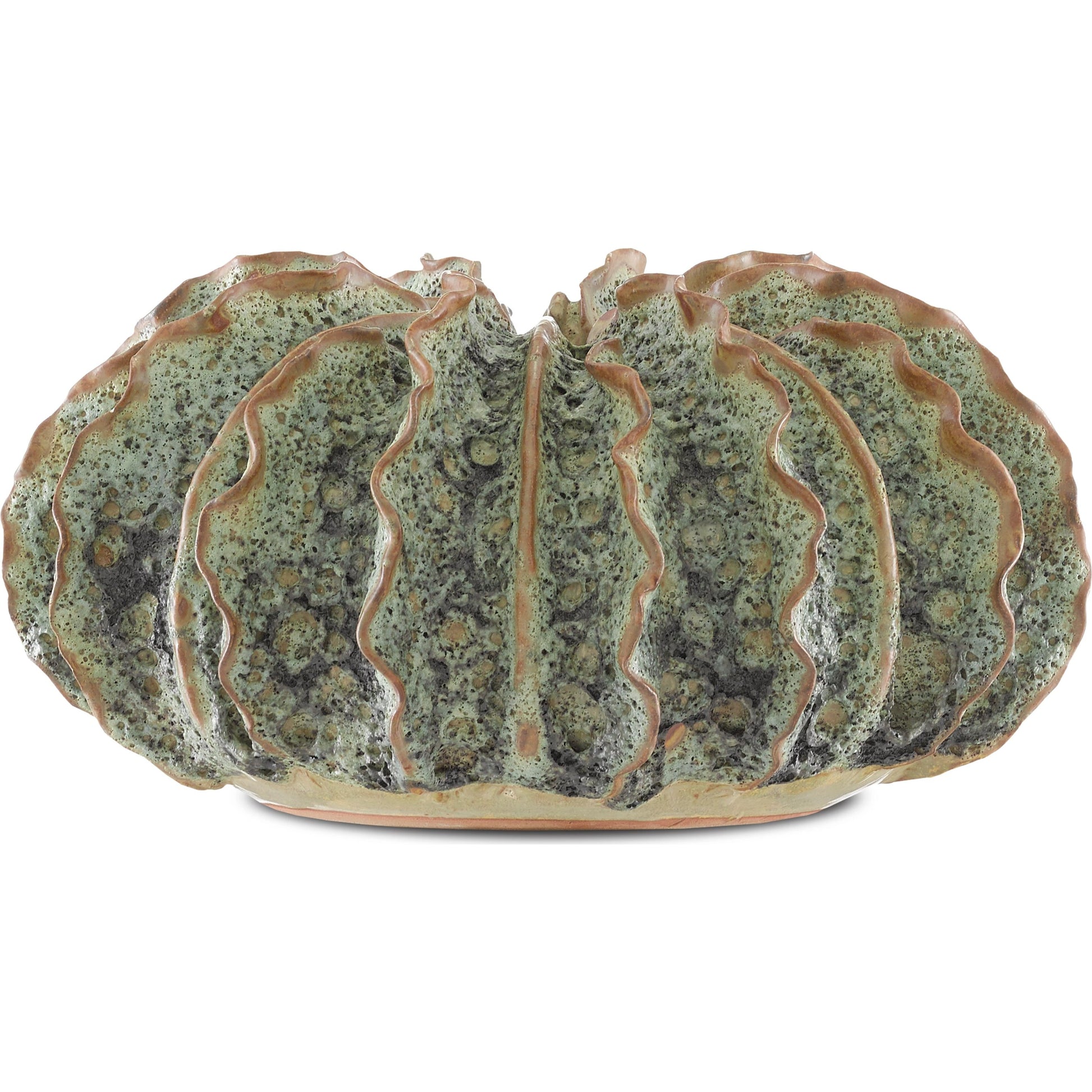 Sunken Boat Wings Vase by Currey and Company in moss green. Made from ceramic in a coastal style.