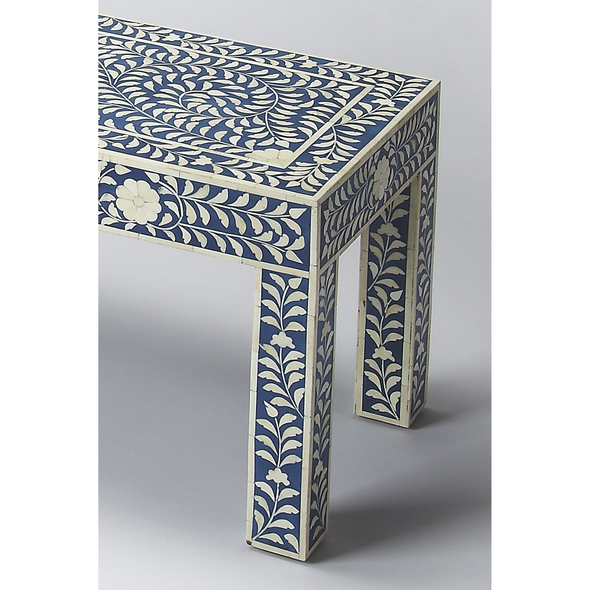 Blue Bone Inlay Bench by Butler Specialty Company in blue and blue bone inlay. Made from mango wood solids, mdf, resin, bone in a modern style.